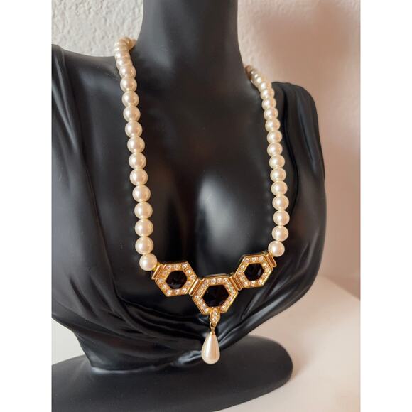 B9 Napier Vintage Necklace Faux Pearl Black Cabochon Art Deco Revival Statement - Picture 4 of 10